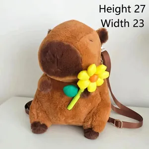 Detailed view of a cute capybara plush shoulder bag with sunflower and brown strap