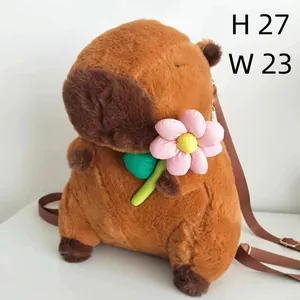Detail view of cute Capybara plush bag with dimensions: 27cm height, 23cm width