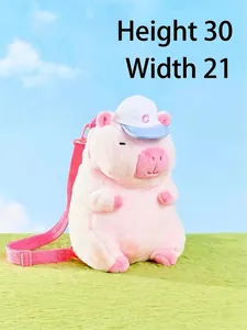 Detail view of a pink Capybara plush crossbody bag with height and width dimensions.