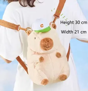 Cute Capybara plush backpack with hat detail, 30x21 cm size