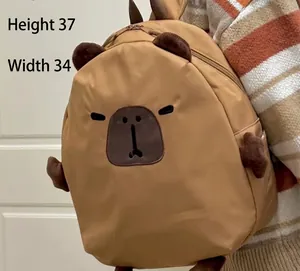 Detailed side view of a cute plush Capybara backpack being worn by a person