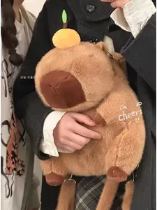 Cute and fluffy capybara plush shoulder bag with a small orange for casual style