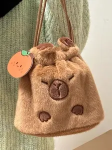 Cute plush Capybara drawstring shoulder bag with fuzzy texture and orange charm