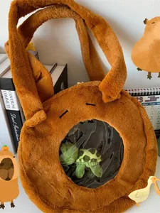 Cute cartoon capybara plush shoulder bag with a transparent window and a small turtle plush