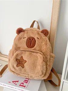 Adorable capybara plush backpack, fluffy brown animal-shaped bag for cute casual style.