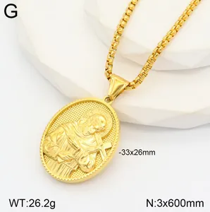 Vintage 3D gold oval saint portrait medallion pendant necklace in stainless steel