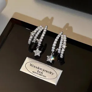 Luxurious elegant sparkling full zircon meteor star earrings with dangling star pendants