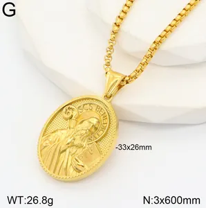 Detail view of 3D St. Benedict gold stainless steel portrait pendant necklace.