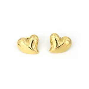 Elegant polished 18k gold plated stainless steel chunky heart stud earrings for women