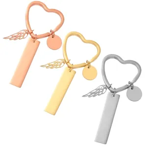 Stainless Steel Heart Wing Round Bar Keychain For Men Women Fashion Polished Metal Key Ring Pendant Daily Gift