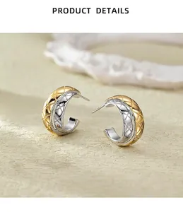 Close-up of two-tone quilted pattern hoop earrings in S925 sterling silver