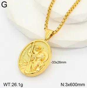 Detail view of vintage 3D St. Christopher gold pendant necklace with size labels