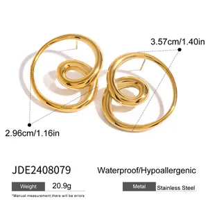 Detailed view of gold stainless steel spiral earrings with dimensions and weight specs