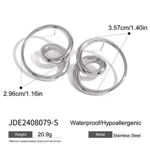Detail of silver stainless steel spiral earrings showing size, weight, and material specs.