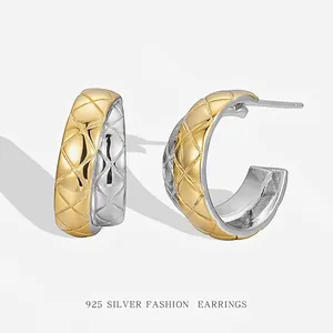 925 Sterling Silver Quilted Hoop Earrings For Women Two-Tone Gold Silver Plated Minimalist Geometric Round C-Shaped Earrings