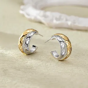 Elegant S925 sterling silver two-tone hoop earrings with quilted rhombus pattern design