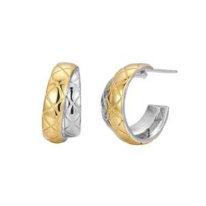 Professional two-tone quilted sterling silver hoop earrings shown from front and side view