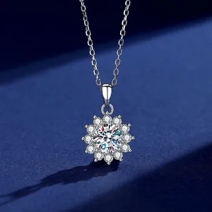 925 Sterling Silver Moissanite Pendant Necklace Elegant Sunflower Snowflake Full Rhinestone Clavicle Chain Jewelry Gift For Women