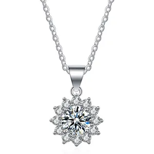 Elegant S925 sterling silver sunflower necklace with a sparkling moissanite halo pendant