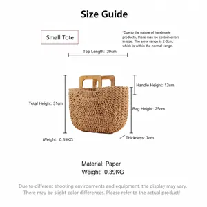 Detailed dimension guide for the hand-woven paper rope beach bag with wooden handles