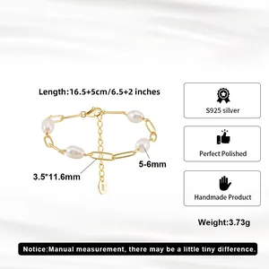 S925 silver gold-plated paperclip chain bracelet with natural baroque pearls and size guide