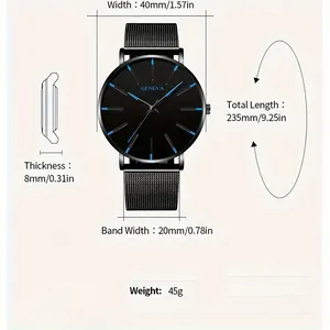 Men's minimalist business watch featuring blue hands and a black mesh strap design