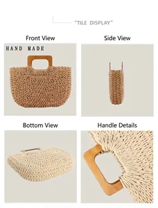 Detailed views of handmade paper rope woven beach bag with stylish wooden handles