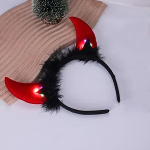 LED light up red devil horn headband with black feathers for Halloween party costume