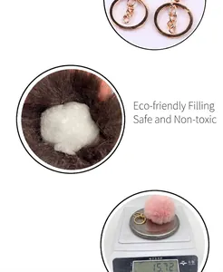 Detailed views of faux rex rabbit fur ball keychain with eco-friendly stuffing