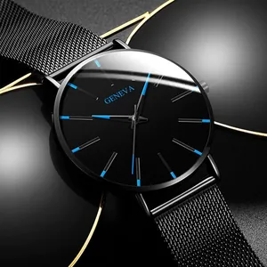 Geneva minimalist men's watch with black mesh strap and blue hands