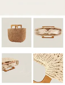 Detailed views of a handmade woven paper rope bag with wooden handles and drawstring lining