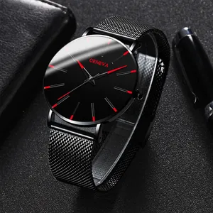 Geneva minimalist men's business watch featuring a black mesh strap and red markers