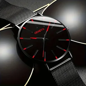 Close-up detail of minimalist Geneva men's watch with black mesh strap and red markers