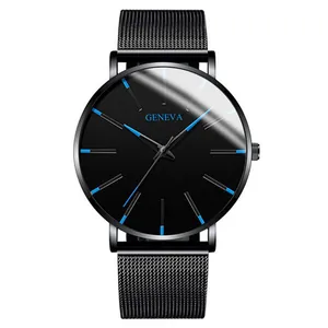 Elegant men's business watch featuring striking blue hands and a black mesh strap