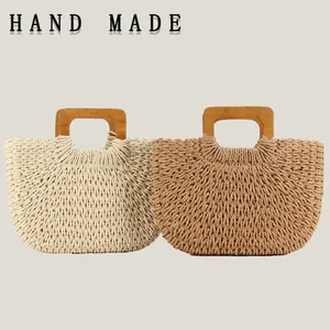 Handwoven Paper Rope Summer Beach Bag With Wooden Handle Large Capacity Mori Style Drawstring Handbag For Women Travel Daily
