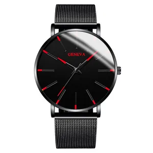 Close-up of black business watch for men with Geneva red logo and mesh strap