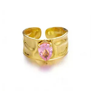 Elegant 18k gold plated stainless steel open ring with pink teardrop zircon stone.