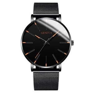 Detail of a minimalist Geneva business watch with black mesh strap and orange accents.