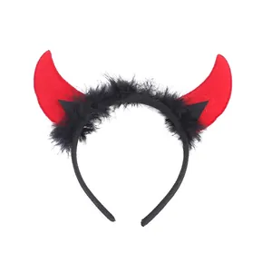 Red devil horn headband with black feather trim for Halloween party costume prop.