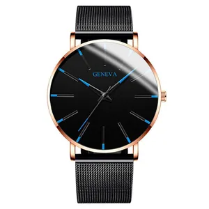 Close-up of Geneva men's business watch with black mesh strap and elegant blue hands