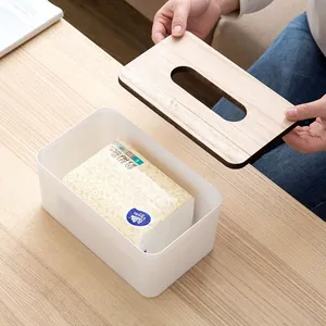 Minimalist white storage tissue box with natural wood lid for home and living room