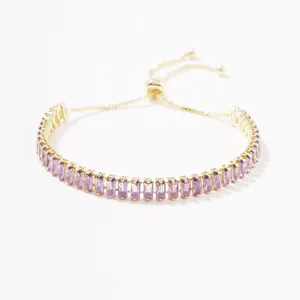 Adjustable gold bracelet featuring rectangular purple zircon stones in a hip hop style