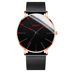 Close-up of Geneva men's fashion watch with black mesh strap and rose gold case