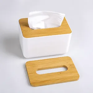 Minimalist white tissue box with natural bamboo lid and durable PP plastic material