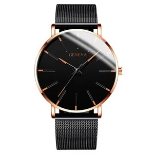 Front view detail of Geneva men's fashion business watch with black dial and mesh strap