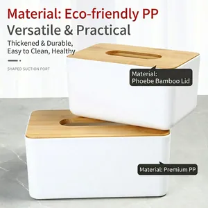Minimalist large white tissue box made of PP material with an eco-friendly bamboo lid