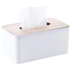 Large minimalist rectangular white tissue box with a natural wood lid for home and car