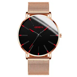 Detail view of fashion Geneva men's watch with rose gold mesh strap and sleek black dial.