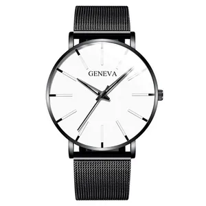 Minimalist men's business watch featuring a white dial and black mesh stainless steel strap