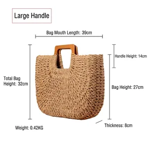 Large handmade woven straw beach bag with wooden handles and detailed size measurements